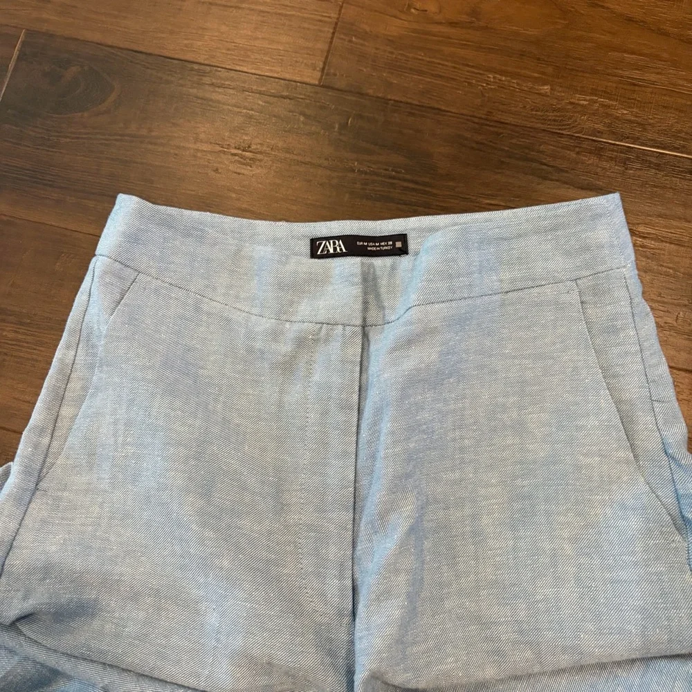 Zara Light Blue Linen Blend Straight Leg Trousers Medium